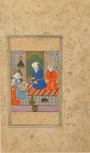 जामी द्वारा एक यूसुफ यू ज़ुलायखा से फोलियो (1414); ज़ुलैखा और एक बुजुर्ग आदमी एक वार्तालाप को सुनें, संभवतः मशहद, ईरान, c.1560-70 (अपारदर्शी जल रंग, कागज पर स्याही और सोना) द्वारा फारसी स्कूल