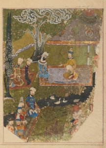 एक ज़फ़रनामा से फोलियो; छंद: तैमूर बाल्ख, शिराज, ईरान, तिमुरिड अवधि (अपारदर्शी जल रंग, कागज पर स्याही और सोना) पर सिंहासन के लिए अपने प्रवेश के अवसर पर एक दर्शक देता है द्वारा फारसी स्कूल