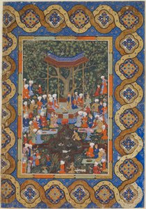 अज्ञात पाठ से फोलियो; एक गार्डन मंडप में एक शासक जो कोर्टियर्स और अटेंडेंट्स (कागज पर अपारदर्शी जल रंग, स्याही और सोने) से घिरा हुआ है) द्वारा फारसी स्कूल