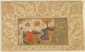 अज्ञात पाठ से फोलियो; एक महिला एक स्ट्रीम, ईरान, c.1500 (अपारदर्शी पानी के रंग, स्याही और सोने पर सोने) द्वारा बैठे आदमी के साथ बातचीत करती है द्वारा फारसी स्कूल