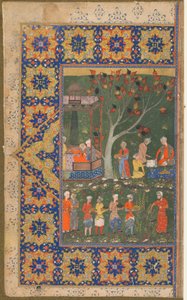 अज्ञात पाठ से फोलियो; रेक्टो: ए पार्टी इन ए गार्डन, शिराज, ईरान, c.1570 (अपारदर्शी जल रंग, कागज पर स्याही और सोना) द्वारा फारसी स्कूल