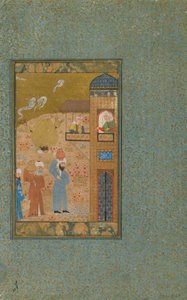 अज्ञात पाठ से फोलियो; श्लोक: दो पुरुषों को ले जाने वाली पिचर्स एक इमारत, शिराज, ईरान, c.1520 (अपारदर्शी जल रंग, कागज पर स्याही और सोना) का इस्तेमाल करते हैं। द्वारा फारसी स्कूल