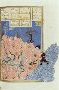 गुशत्सप किलिंग द ड्रैगन, शाहनामा (किंग्स की पुस्तक), अबुल-कासिम मनूर फ़िरदावी (c.934-c.1020) c.1440-45 (कलम, स्याही और डब्ल्यूसीएल द्वारा वेल्लम) द्वारा फारसी स्कूल