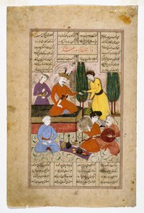 17 वीं शताब्दी के उत्तरार्ध में (समुद्र तट पर रंगों को हटाते हुए) एक सिंहासन पर बैठा हुआ शाहरुख का चित्रण पृष्ठ पर, जो बहराम गुरु को सिंहासन पर बैठाया गया था द्वारा फारसी स्कूल