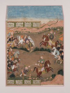 कायनात-ख़ुर्रा ने शाह ख़ानम से क़रा ख़ान को गोली मारी, (कागज़ पर सोना उकेरा) द्वारा फारसी स्कूल