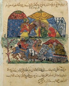 Ms C-23 f.43b, अल-हरीरी (1054-1121) c.1240 (वेल्लम पर गऊचे) द्वारा &39;द मक़ाम&39; (द मीटिंग) से अमीर तीर्थयात्रियों के टेंट के सामने एक बूढ़ा और एक जवान आदमी ) द्वारा फारसी स्कूल