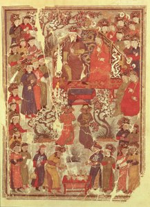 सुश्री। कार्मिक। 1113 f.126v चंगेज खान और उनकी पत्नी बोर्ते रशीद विज्ञापन-दीन (1247-1318) द्वारा जमी अल अल तवारीख (यूनिवर्सल हिस्ट्री) नामक पुस्तक से दरबारियों, फोलियो से पहले उत्साहित थे। द्वारा फारसी स्कूल