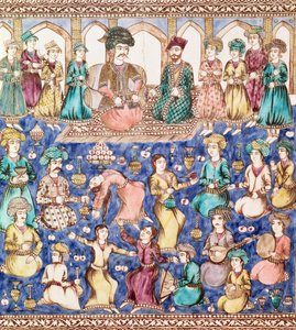 नासिर अल-दीन शाह क़ज़र (1831-96) (सिरेमिक) के दरबार में संगीतकार और नर्तक द्वारा फारसी स्कूल