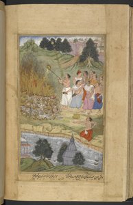 या.12076 f.130v गुजरात के तट पर प्रभास में अंधकों और यादवों के बीच युद्ध के बाद अर्जुन शवों को जला रहे हैं। अंतिम संस्कार की चिता (नारायण) पर घी डाला जा रहा है, रज़्मनामा (#39;युद्ध की पुस्तक#39;) से, नकीब द्वारा महाभारत का अनुवाद  द्वारा फारसी स्कूल