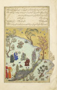 फारसी 239 fol.7a फ़िरदौसी ग़ज़नी के दरबारी कवियों का सामना करते हैं, शाहुलना (किंग्स की पुस्तक) से चित्रण, अबुल-कासिम मंसूर फ़िरदावी (c.934-c.1020), 1444 द्वारा फारसी स्कूल