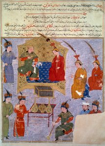 हौलागौ खान (1217-1265) का प्रतिनिधित्व, वह चंगेज खान फारसी लघुचित्र का पोता है जो इतिहासकार राशिद अल-दीन द्वारा "" जामी अल-तवारीख "" (जामी अल-तवारीख) या "" सार्वभौमिक इतिहास "" से लिया गया है। दीन) (१२४७-१३१८) १४३० क द्वारा फारसी स्कूल
