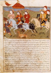 घुड़सवारी के चंगेज खान के पोते हौलागौ खान का प्रतिनिधित्व। इतिहासकार रशीद अल-दीन (अल दीन) (1247-1318) द्वारा 1430 के आसपास जामी अल-तवारीख" (जामी अल तवारीख) या "" सार्वभौमिक इतिहास "" से लिया गया फारसी लघुचित्र। पेरिस, बीएन द्वारा फारसी स्कूल