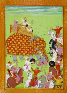 मुराद (मौराद) बख्श (1624-1661) का प्रतिनिधित्व, मुगल सम्राट शाहजहाँ (या शाहजहाँ, शाहजहाँ) के पुत्र हाथी पर लड़ रहे थे। १७वीं शताब्दी के फ़ारसी लघुचित्र पेरिस, बीएन द्वारा फारसी स्कूल