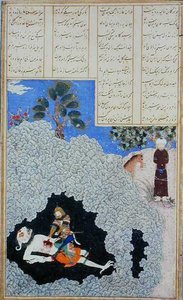 रुस्तम सफेद दानव के जिगर को निकालता है, अबुल-कासिम मनूर फिरदौसी (c.934-c.1020) c.1440-45 (कलम, स्याही और पानी के रंग पर) द्वारा 'शाहनामा' (राजाओं की पुस्तक) से चित्रण चर्मपत्र) द्वारा फारसी स्कूल