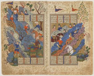 रुस्तम ने शाहनामा (राजाओं की पुस्तक), c.1590-1600 (स्याही, अपारदर्शी जल रंग और कागज पर सोना) से बहमन द्वारा उस पर लुढ़का हुआ चट्टान वापस ले लिया। द्वारा फारसी स्कूल