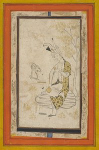 शाह तहमास्प मैं चट्टान पर बैठा, सफ़वीद वंश (कागज पर स्याही और सोना) द्वारा फारसी स्कूल