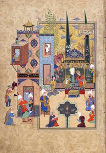 सोलोमन और बिलकिस एक साथ बैठते हैं और खुलकर मना करते हैं, जामी (d.1492) हाफ अव्रंग (सातवां सिंहासन) से फोलियो को संभवत: मशाद, खुरसान, ईरान, सफ़वीद वंश, 1556-1565 (स्याही, अपारदर्शी जल रंग और) द्वारा फारसी स्कूल