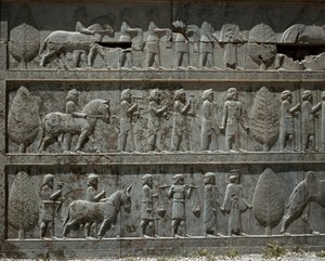 विनम्र लोग डेरियस I को उपहार देते हैं। अपदाना की पूर्वी सीढ़ी की राहत, छठी शताब्दी ईसा पूर्व द्वारा फारसी स्कूल