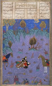 उनके पिता रुस्तम द्वारा सुहैब का वध, अबुल-कासिम मनूर फ़िरदावी द्वारा शाहनामा (राजाओं की पुस्तक) का चित्रण (c.934-c.1020) c.1440-45 (कलम, स्याही और wc पर वेल्लम) द्वारा फारसी स्कूल