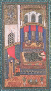 तहमीना रुस्तम चैंबर में आती है, शाहुलना (किंग्स की पुस्तक), अबुल-कासिम मंसूर फ़िरदावी (c.934-c.1020), हेरात, अफ़गानिस्तान, c.110 (अपारदर्शी wc और कागज पर सोना) से चित्रण द्वारा फारसी स्कूल
