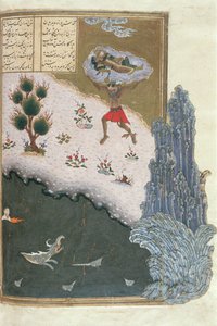 द स्लीपिंग रुस्तम द एयर अकाउंड द एयरोन के माध्यम से, शाहनामा (किंग्स की पुस्तक) से चित्रण, अबुल-कासिम मनूर फ़िरदावी (c.934-c.1020) c.1440 -45 (कलम, स्याही और wcl पर) द्वारा चित्रण ) द्वारा फारसी स्कूल