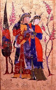 एक बगीचे के परिदृश्य में दो राजकुमारियाँ, तोहफ़त अल-अहरार, बोखरा स्कूल से द्वारा फारसी स्कूल