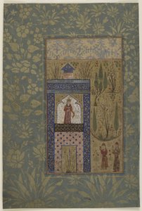 एक खिड़की पर एक राजकुमारी से पहले दो युवक, c.1417-18 (कागज पर अपारदर्शी जल रंग और सोना) द्वारा फारसी स्कूल