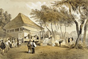 फायर कंपनी के हाउस एंड इंजन, योकहामा, &39;नैरेटिव ऑफ द एक्सपीडिशन ऑफ द अमेरिकन स्क्वाड्रन टू चाइना सीज़ एंड जापान&39;, पब। Sarony und Co., 1856 (टिंटेड लिथो) द्वारा द्वारा पीटर बर्नहार्ड विल्हेम हेन