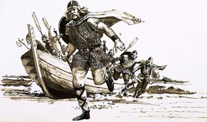 किंग वोर्टिगर्न दो बर्बर प्रमुखों - हेंगेस्ट और होर्सा - को ब्रिटेन ले आए (कागज पर गौचे) द्वारा पीटर जैक्सन
