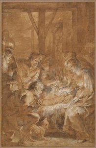 चरवाहों की आराधना, c.1613-4 (कलम और भूरे रंग की स्याही के साथ भूरे रंग की धोती और सफेद गऊच द्वारा पीटर पॉल रूबेन्स