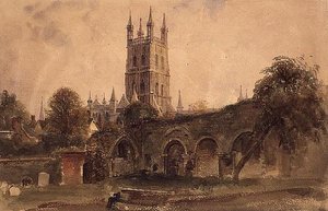 सेंट कैथरीन चर्च के खंडहर के साथ ग्लूसेस्टर कैथेड्रल, c.1840 (कागज पर खरोंच से हाइलाइट के साथ जल रंग) द्वारा पीटर डी विंट