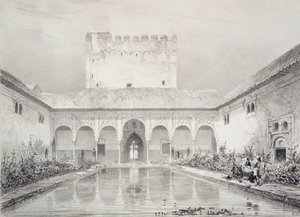 अल्बर्टा, अल्हाम्ब्रा के आंगन में पूल और फव्वारा, &39;स्मारिका डी ग्रेनेड एट डे ल लाहैब्रा&39; से प्लेट 21, c.1836-37 प्रकाशित