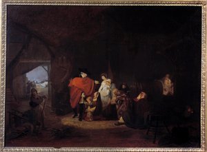 लुई सोलहवें की मानवता विशेषता: 1784 की सर्दी में राजा लुई फिलिबर्ट डेबूकोर्ट (1755-1832) 1785 सन द्वारा वर्साय पेंटिंग के निवासियों को अल्मोन देता है। 0,61x0,83 वर्ग मीटर द्वारा फिलीबर्ट लुइस डेब्यूकोर्ट
