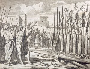 द इम्पलिंग ऑफ़ सम रीबेल्स', पनिशमेंट: मैसेकर बाय इम्पेलमेंट, पब। 1672. द्वारा फिलिप बाल्डियस
