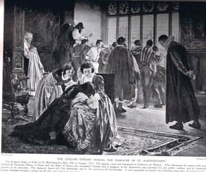 सेंट बार्थोलोम्यू के नरसंहार के दौरान अंग्रेजी दूतावास, &39;हचिन्सन हिस्ट्री ऑफ द नेशंस&39; का चित्रण द्वारा फिलिप हर्मोजेनेस कैल्डरन