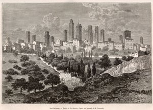 सैन गिमिग्नानो (टस्कनी, इटली) का दृश्य। 1875 में फ्रांसिस वे द्वारा टस्कनी और उम्ब्रिया की यात्रा को चित्रित करने के लिए पीएचडी बेनोइस्ट द्वारा ड्राइंग के बाद उत्कीर्णन, "ले टूर डू मोंडे" 1876 में प्रकाशित, एडौर्ड चार्टन, हैचेट संस्करण, पेरिस द्व