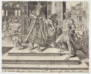 क्षयर्ष ने यहूदी लोगों को नष्ट करने का आदेश दिया द्वारा Maarten van Heemskerck