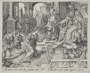 एस्तेर ने अहासवेरोश के सामने उसे भोज के लिए आमंत्रित किया द्वारा Maarten van Heemskerck