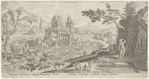 थिस्बे की आत्महत्या के साथ परिदृश्य द्वारा Maarten van Heemskerck