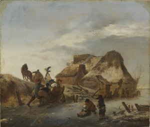 वूवर्मन, फिलिप्स (1619-1668) द्वारा अन नोबल एन ट्रेनेउ सुर ला ग्लेस - ए नोबलमैन्स स्लीव ऑन द आइस। लकड़ी पर तेल, सी. 1646. आयाम: 36x43 सेमी। राष्ट्रीय संग्रहालय स्टॉकहोम