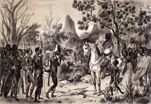 लॉरेन्स द्वारा उकेरी गई पियरे ट्रेमॉक्स (1818-95) की 'वॉयेज औ सौडन ओरिएंटेल एट डान्स ल'अफ्रीक सेप्टेंट्रियोनेल' से एक सेनानी राजा के लिए एक नीग्रो प्रमुख का परिचय समारोह द्वारा पियरे (बाद) ट्रेमाक्स