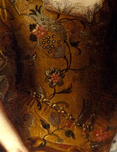 एलिज़ाबेथ शार्लोट डी'ऑरलियन्स (1676-1744) का पोर्ट्रेट, डचेस ऑफ लोरेन, पैलेटिन ड्रेस की बेटी मोती बेल्ट और फूलों के साथ कढ़ाई वाली पोशाक के साथ विवरण। कार्यशाला की पेंटिंग पियरे गोबर्ट (1662-1744) 1698 मंद। 1,4x1,11 मी वर्साय, मुसी द्वारा पियरे (स्टूडियो) का गोबर्ट