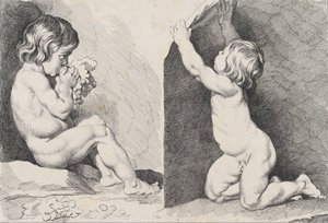 न्यू बुक ऑफ चिल्ड्रन से अंगूर खाते हुए दो नग्न बच्चे, 1720-60।