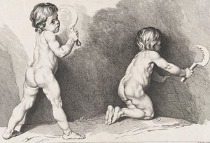 न्यू बुक ऑफ चिल्ड्रेन से खड़े दो नग्न बच्चे, 1720-60।