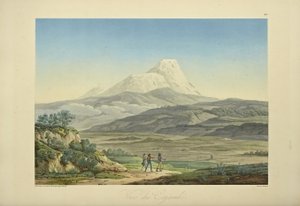 काजाम्बे का दृश्य, गुलदस्ता द्वारा उकेरा गया, अलेक्जेंडर वॉन हंबोल्ट और एमी बोनपलैंड द्वारा 'अमेरिका के स्वदेशी लोगों के कॉर्डिलरस और स्मारकों के दृश्य' से चित्रण द्वारा पियरे एंटोनी (बाद) मार्चेस