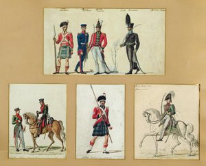 1814 में स्कॉटिश सैनिकों और प्रशिया, अंग्रेजी, हनोवरियन और रूसी अधिकारियों की वर्दी