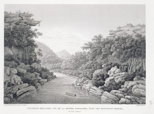 न्यू हॉलैंड: ब्लू माउंटेंस में वारागम्बा नदी का दृश्य, &39;वॉयेज ऑटोर डु मोंडे (1817-20)&39; से, लुईस क्लाउड देसौलिस डी फ्राइसिनसेट (1779-1842) द्वारा स्चेडर द्वारा उत्कीर्ण, 1822-24 (ली) द्वारा पियरे एंटोनी मारचिस