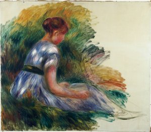 एलिस गैम्बी इन द गार्डन, यंग गर्ल सीटिंग इन द ग्रास, 1891 द्वारा पियरे अगस्टे रेनॉयर