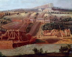 Bougival में स्थापित Marly के एक्वाडक्ट की मशीन का दृश्य Louveciennes (या Marly) के एक्वाडक्ट ने Versailles को Marly के महल में पानी की आपूर्ति करने की अनुमति दी। विवरण। पियरे डेनिस मार्टिन (1663-1742) सन द्वारा पेंटिंग। 1,15x1,65 मीटर वर्साय, मुसी डु