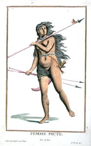 1780 में प्रकाशित 'रिस्यूइल डेस एस्टैम्प्स, रैंक्स एंड डिग्निटीज का प्रतिनिधित्व, सभी मौजूदा राष्ट्रों की पोशाक का पालन करते हुए' से एक चित्रमय महिला (हाथ से रंगी हुई नक्काशी) द्वारा पियरे डुफोलोस